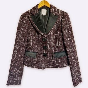 Nanette Lepore Y2K Vintage Burgundy Tweed Blazer with Black Satin Trim Women's 6